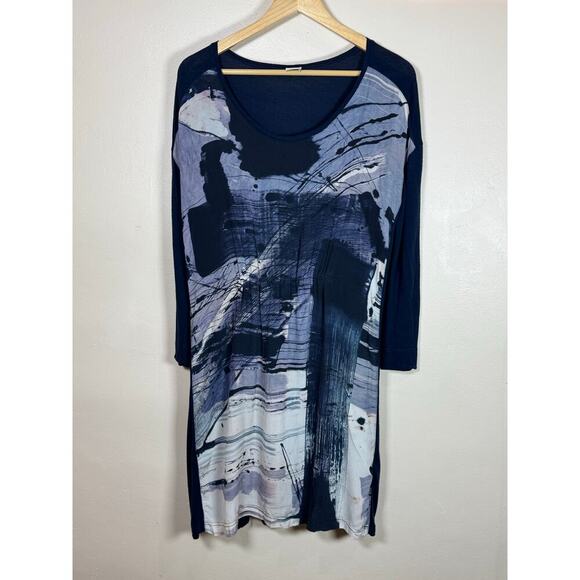 POETRY Silk Wool Lightweight Abstract Art to Wear Lagenlook Midi Dress 10 Navy - Picture 1 of 11
